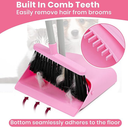 Pink Broom and Dustpan Set,58” Long Adjustable Handle Small Broom with Stand up Dustpan Combo Set with Dust Pan Teeth,for Indoor Home Office Floor Cleaning