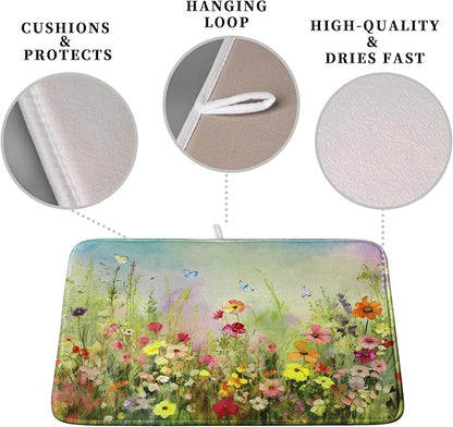 Spring Floral Dish Drying Mat for Kitchen Counter 18x24 Inch Sage Green Wild Flowers Drying Mats Spring Summer Plant Microfiber Absorbent Large Dish Rack Pad for Coffee Bar Sinks Home Accessories
