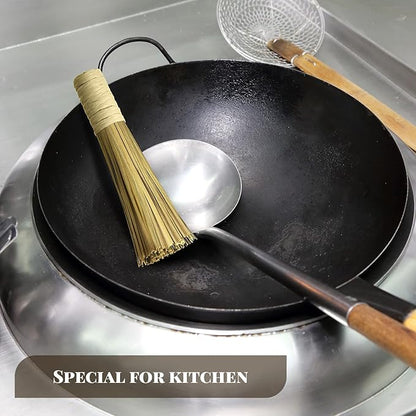 2 Pcs 12 Inches Bamboo Wok Brush Bamboo Kitchen Cleaning Brush Pot Scraper Scrubber Dish Pan for Cooking Skillet Grill Utensils Scrubbing