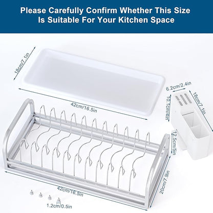 Dish Drying Rack for Small Kitchen Counter, 304 Stainless Steel Small Dish Rack w Utensil Holder & Tray for Limited Space, Rustproof Narrow Dish Rack for Pot & Pan, Plate, Lid (Silvery)