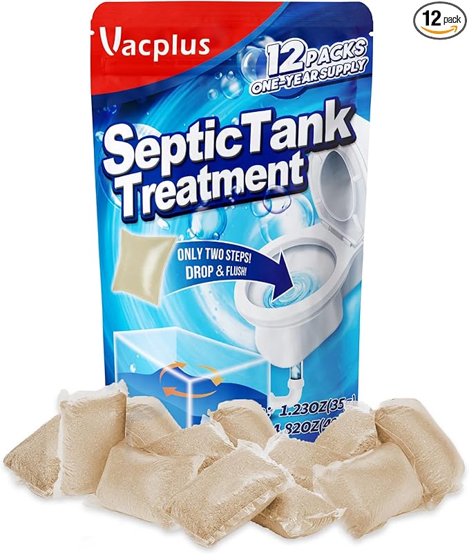 Vacplus Septic Tank Treatment 12 Pcs for 1-Year Supply, Dissolvable Packs with Easy Operation, Durable Biodegradable Enzymes for Wastes, Greases & Odors, Brown, 3x Efficiency