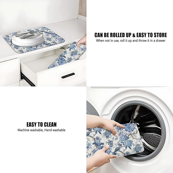Dish Drying Mat for Kitchen Counter 2 Pack with Non-Slip Rubber Backing - Heat-Resistant Absorbent Coffee Bar Mat, Dish Rack Mat, Blue Flower And Bird Dish Drying Mats 18x24+19.5x12 inch