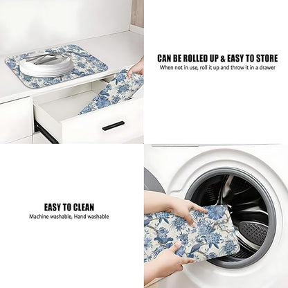 Dish Drying Mat for Kitchen Counter 2 Pack with Non-Slip Rubber Backing - Heat-Resistant Absorbent Coffee Bar Mat, Dish Rack Mat, Blue Flower And Bird Dish Drying Mats 18x24+19.5x12 inch