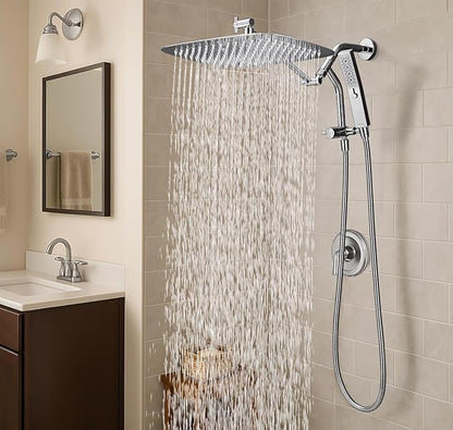 G-Promise All Metal 16 Inch Shower Head with Massage Mode Handheld, Rain Shower Head with Handheld Spray Combo, 3-Way Diverter with Pause Setting, 12 Inch Adjustable Extension Arm (Chrome)