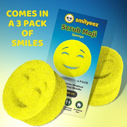 The Original Scrub Moji Scrubbing Sponge by Smilyeez (Set of 3) - Yellow - Temperature-Responsive Polymer Foam, Stain and Odor Resistant, Ideal for Kitchen and Bathroom Cleaning