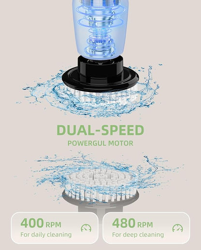 Electric Spin Scrubber, Cordless Power Scrubber with Replaceable Brush Heads, 2-Speed Adjustable Handle Floor Machine Pads, IPX7 Waterproof Shower Scrubber for Bathroom, Tile, Tub, Teens, White-qe1