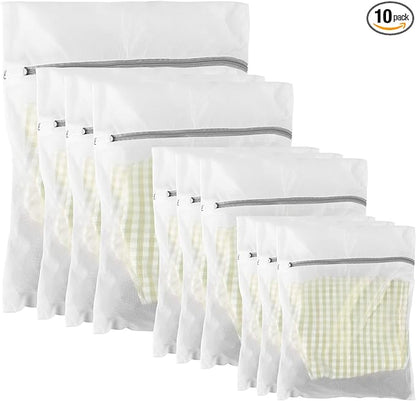 10 Pack Mesh Laundry Bags for Delicates with Non Rust Zipper- MDSXO White Laundry Bags Mesh Wash Bags, Easy Fit Bra, Sock,Lingerie,Sneaker,Baby Laundry for Washing Machine Travel Storage[1XL/3L/3M/3S]
