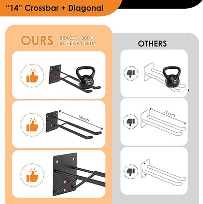 14" Garage Hooks Heavy Duty 4-Pack - Garage Storage System Hooks, Ladder Hooks for Garage Wall & Broom Holder Wall Mount | Non-Slip Tire Rack & Heavy Duty Wall Hooks for Hanging Ladders, Chairs.