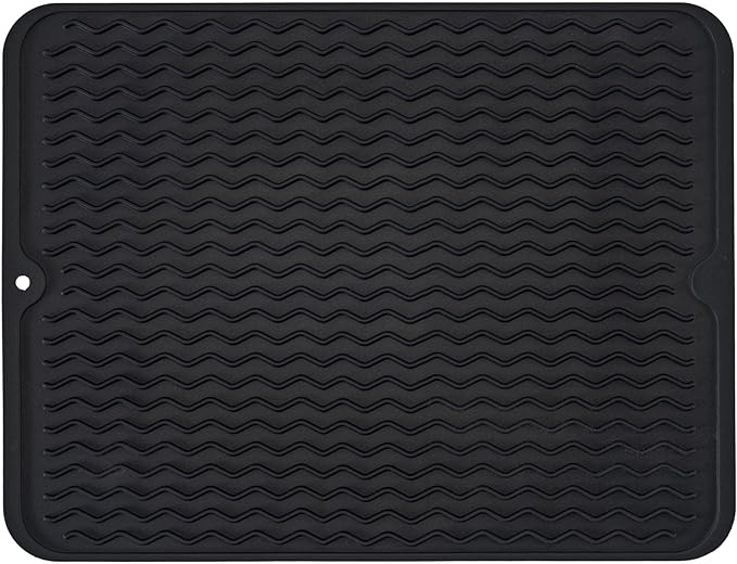 Silicone Dish Drying Mat, Non-Slip Easy Clean Sink Mat Large Heat-resistant Dish Drainer Mat for Kitchen Counter, Sink, Refrigerator or Drawer liner (18" x 16", BLACK)