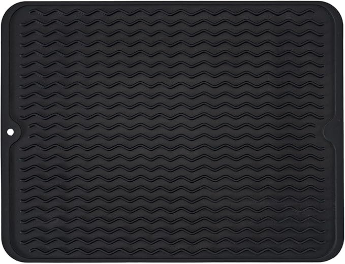 Large 17" x 14" Silicone Dish Drying Mat for Kitchen Counter, Easy clean, Quick Dry, Heat-resistant Dish Drainer Mat for Sink,Refrigerator or Drawer liner (Food Grade Silicone-Black)