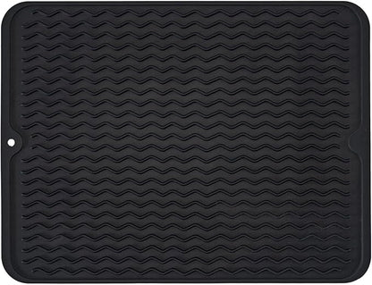 Silicone Dish Drying Mat, Non-Slip Easy Clean Sink Mat Large Heat-resistant Dish Drainer Mat for Kitchen Counter, Sink, Refrigerator or Drawer liner (16" x 12", BLACK)