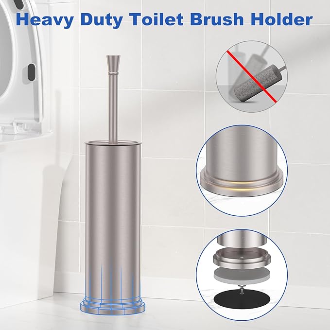 Toilet Brush and Holder Set：304 Stainless Steel Heavy Duty Toilet Bowl Brush，Removable Inner Bowl and Splash Protection，Bathroom Toilet Brush-Dense Bristles for Through Cleaning