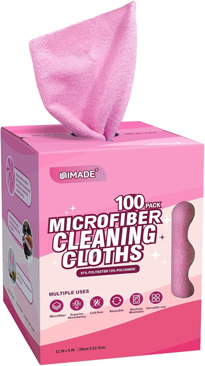 Microfiber Cleaning Cloth, 100 Sheets Microfiber Towels for Cars Commercial Grade Washcloths Lint-Free Bulk Shop Towel Cleaning Rags for Household Restaurant Garage Housekeeping,11"x 9", Pink