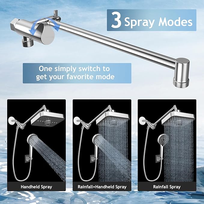 High Pressure Rainfall & Handheld Shower Head Combo, 3-Spray Fixed Showerhead and 6 Sprays Hand Held with 6ft Stainless Steel Hose and Adjustable Extension Arm (Silver black)