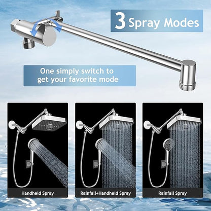High Pressure Rainfall & Handheld Shower Head Combo, 3-Spray Fixed Showerhead and 6 Sprays Hand Held with 6ft Stainless Steel Hose and Adjustable Extension Arm (Silver black)