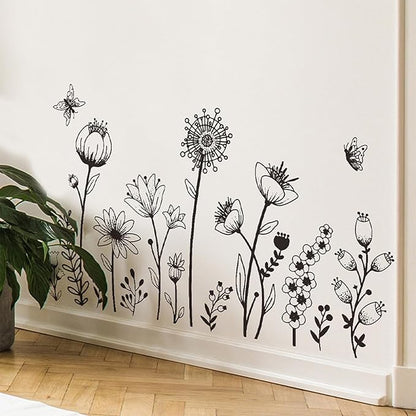 Black Boho Wall Decal Simple Sketch Flower Wall Stickers, Floral Wildflower Sticker Dandelion Peel Stick Wall Art Decor Bedroom Home Room Office Garden Hall Adult Gifts for Mom