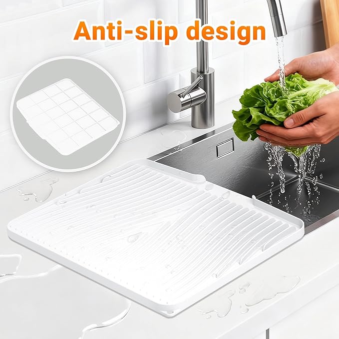 Silicone Dish Drying Mat for Kitchen Counter, Non-Slip Drain Pad, Dish Drying Pad, Easy to Clean Dish Rack Pad, Multi-Use as Heat Resistant Trivet, 19.7" x 17" , Ivory