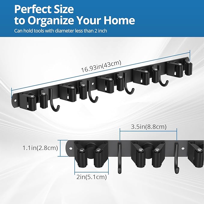 2 Pack Mop and Broom Holder Wall Mount, 5 Racks and 4 Hooks Broom Organizer Storage Garage Tool Racks Wall Mounted Mop Hanger for Home Kitchen Garden Laundry (Black)