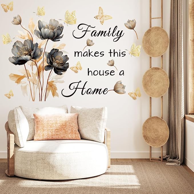 Gold Family Wall Decals Inspirational Wall Quotes Wall Stickers Family Make This House a Home Removable Peel and Stick for Home Decor (Golden Black)
