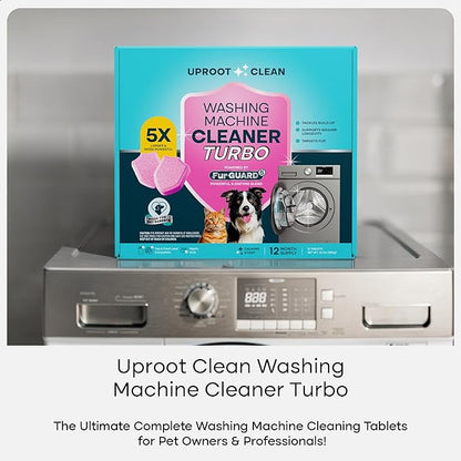 Uproot Clean Washing Machine Cleaner Tablets Turbo - 5x Stronger - 12 Pack for a 12 Month Supply - 5 Enzyme Formula Designed for Pet Owners - Fur, Grime & Odors - Compatible with HE, Top & Front Load