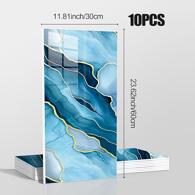 Chejiaye 10pcs Marble Peel and Stick Waterproof Wall Panels,Heat-Resistant Backsplash Tile, 23.6"x11.8" PVC Foam Wall Sticker for Kitchen,Living Rooms,TV Walls,Blue Wave (Not Real Tile 19.4Sq. Ft.)