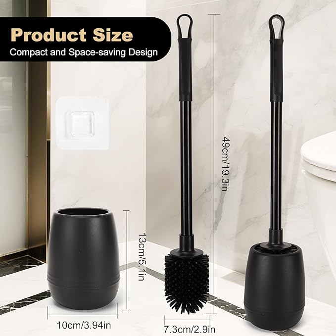Silicone Toilet Bowl Brush and Holder 2 Pack Long Handle Toilet Brush for Bathroom Flexible Silicone Toilet Brush Set for Domestic Deep Cleaning Under Rims （Black）