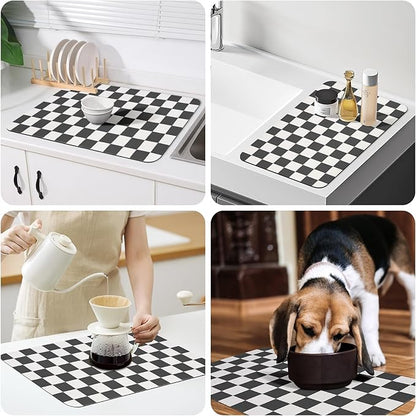 CooRug Checkered Dish Drying Mat for Kitchen Counter, Absorbent Non-Slip Coffee Mat, Heat Resistant Mat for Countertops Coffee Bar Decor 16" x 24" Black
