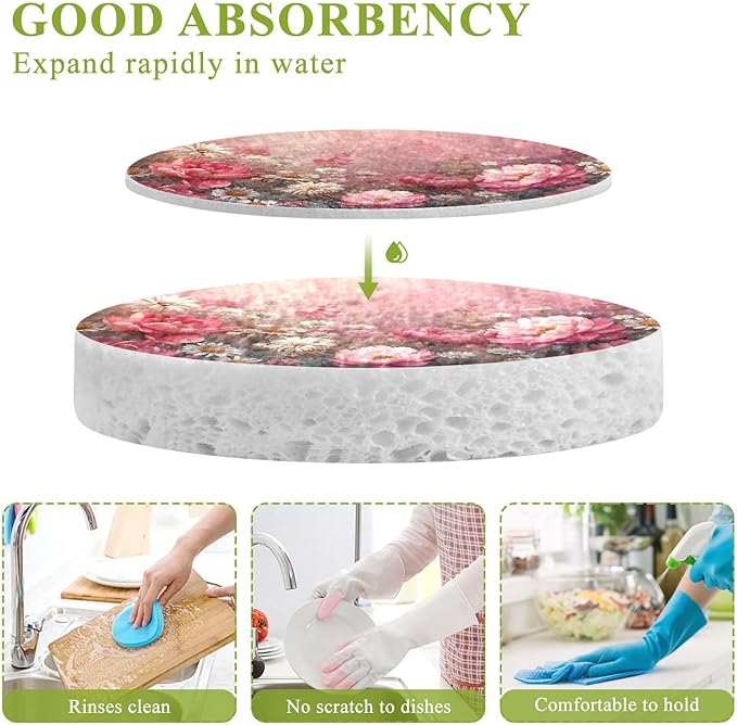 Peony Flower Kitchen Scrub Sponges, Pop-up Kitchen Cleaning Sponges Reusable Dish Washing Sponges for Bathroom Household Cleaning 3 Pack - Non Scratch Scrubber