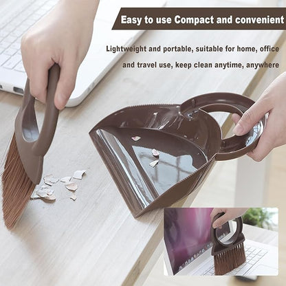 Round Handle Brush and Dustpan Set Small Broom & Dustpan Portable Handheld Sweeper for Desktop Sofa Floor Pet Nest (Coffee)
