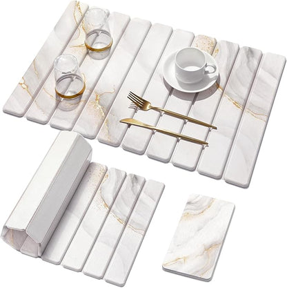 Large Stone Dish Drying Mat for Kitchen Counter,Quick Dry Stone Dishes Mats,Marbled Water Absorbing Diatomaceous Earth Drying Pad for Countertop Bottles Utensils Cups(Yellow White 24"x16"&8"x4")