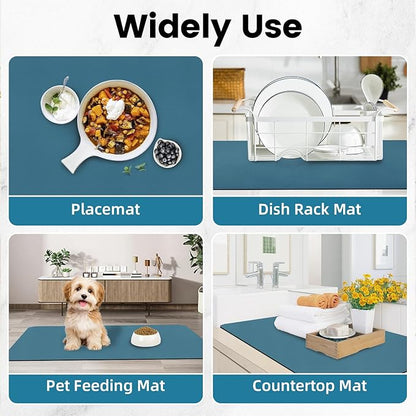 PoYang 31.5"x17" Coffee Mat X-Large, Coffee Bar Accessories for Countertop, Absorbent Dish Drying Mat, Anti-Slip and Hide Stain Pad for Espresso Machine, Espresso Maker and Kitchen Counter, Blue