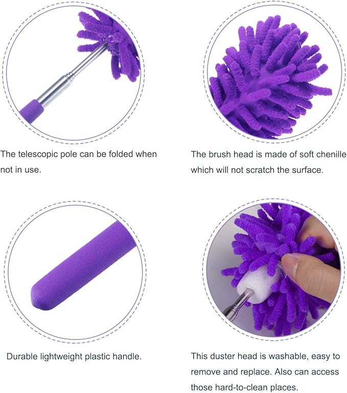 MECCANIXITY Chenille Cleaning Duster, 11 to 31 Inch Washable Extendable Brush for Window, Furniture, Ceiling Fan, Purple Pack of 3