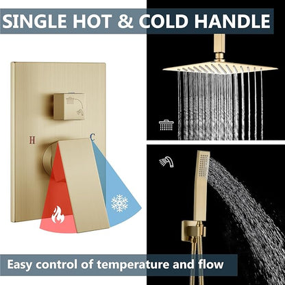 Aolemi Ceiling Mount Shower System Rain Shower Head with Handheld Spray High Pressure Shower Faucet Set Rough-in Valve Shower Trim Kit Included Bathroom Brused Gold 12 Inch Ceiling Shower Head