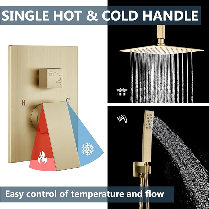 Aolemi Ceiling Mount Shower System Rain Shower Head with Handheld Spray High Pressure Shower Faucet Set Rough-in Valve Shower Trim Kit Included Bathroom Brushed Gold 10 Inch Ceiling Shower Head
