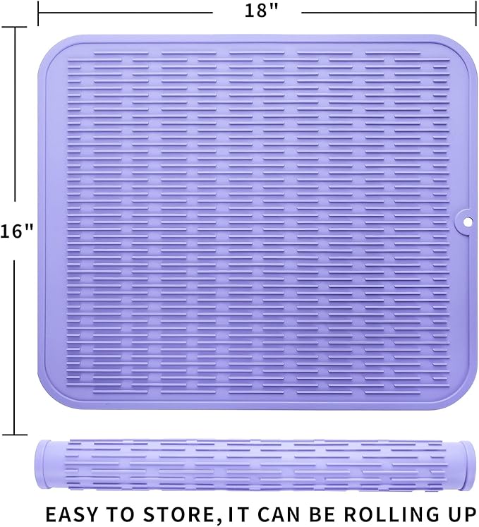 MicoYang Silicone Dish Drying Mat for Multiple Usage,Easy clean,Eco-friendly,Heat-resistant Silicone Mat for Kitchen Counter or Sink,Refrigerator or Drawer Liner Light Purple XL 18 inches x 16 inches