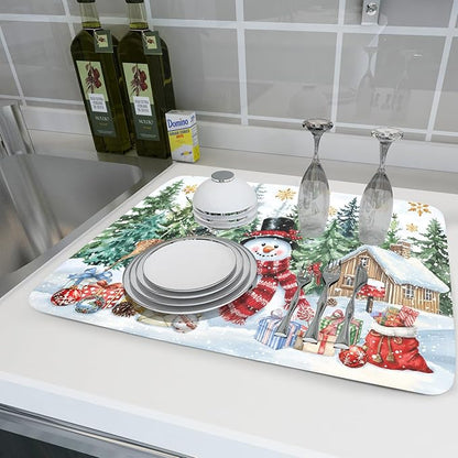 Christmas Kitchen Drying Mat 18 x 24 Inch Xmas Snowman Drying Pad Snowflake and Tree Pattern Absorbent Reversible Microfiber Mats Winter Dish Rack Pad Drainer Mat for Coffee Bar Decor