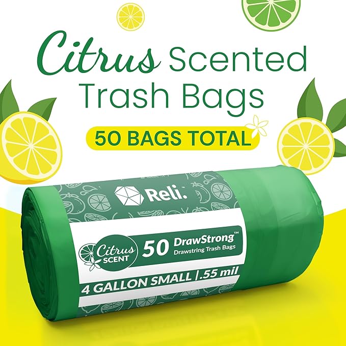 Reli. 4 Gallon Trash Bags Drawstring (50 Count) | Citrus Scented Small Trash Bags | Garbage Liners for Bathroom Can | 2 Gal - 3 Gallon - 4 Gal Small Can Liners (Green)
