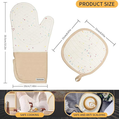 Oven Glove Cute,Cooking Mittens,Oven Mittens for Kitchen,Oven Gloves for Kitchen,Washable Silicone Oven Mitts Heat Resistant 500°F, Potholders for Kitchens Cooking Baking(Cream