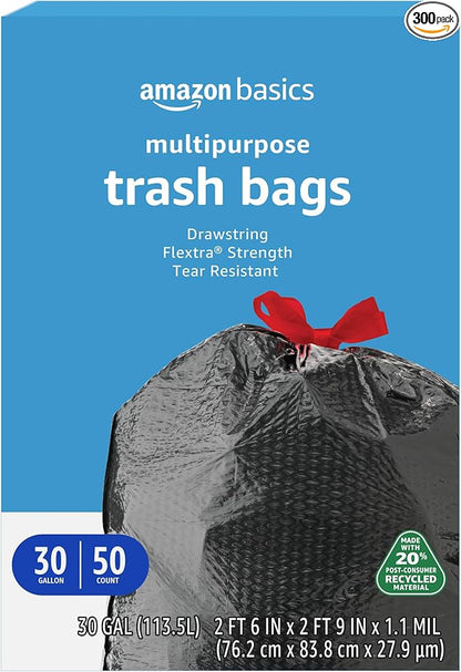 Amazon Basics 30 Gallon Flextra Strength Multipurpose Drawstring Trash Bags,20% Post Consumer Recycled Material,Tear Resistant,Black,(Pack of 300)