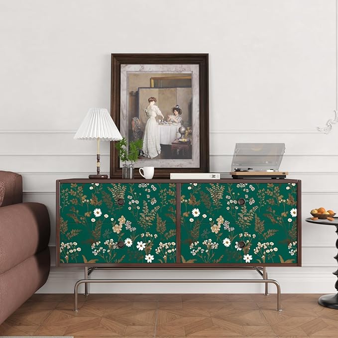 Laatse Dark Floral Wallpaper Peel and Stick 17.5in x393in Vintage Green Gold Leaf Wallpaper Vinyl Waterproof Self-Adhesive Boho Botanical Wall Paper Mural for Cabinet Bookcase Bedroom Decor