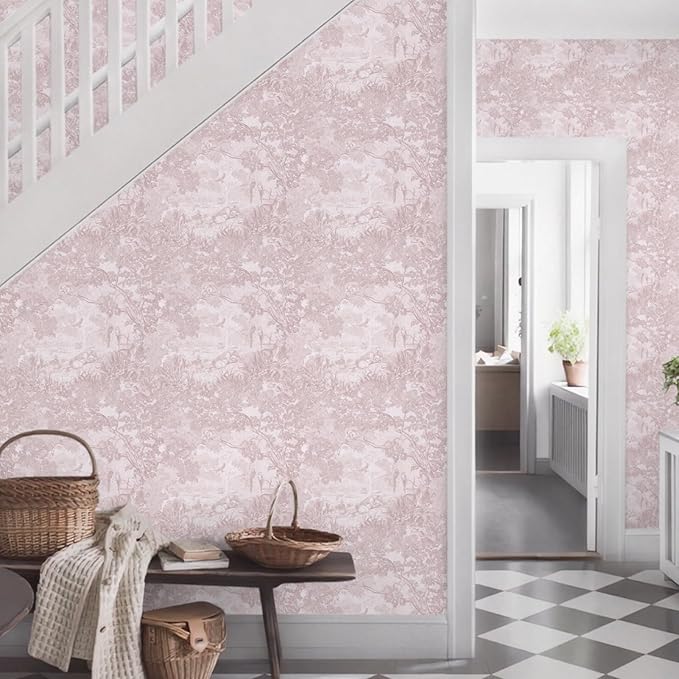 Ismoon Pink Peel and Stick Wallpaper Neutral Wall Paper 17.3in×6.56ft Vintage Removable Self-Adhesive Wallpaper Animals Jungle Contact Paper for Cabinets Bathroom Walls Covering Vinyl Roll