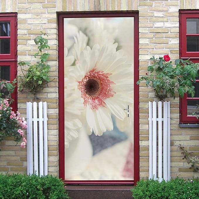 A.Monamour 3D Door Stickers for Interior Doors White Gerbera Daisy Flower with Pink Center Vinyl Waterproof Self Adhesive Door Mural Decals for Bedroom Office Bathroom 77x200cm