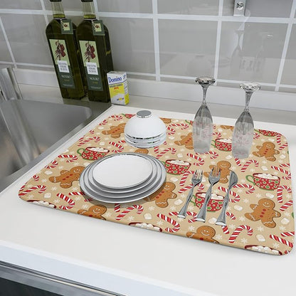 Christmas Gingerbread Man Dish Drying Mat for Kitchen Counter 18x24 Xmas Candy Cane Winter Holiday Theme Absorbent Reversible Microfiber Drying Mats Kitchen Countertop Protector Dishes Drainer Pad