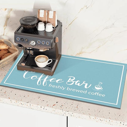 Findosom Dish Drying Mat, 17"x 32" Super Absorbent & Hide Stain Coffee Mat, Cuttable Drying Mat for Kitchen Counter, Coffee Bar Accessories, Under Dish Rack, Coffee Maker, Espresso Machine, Blue