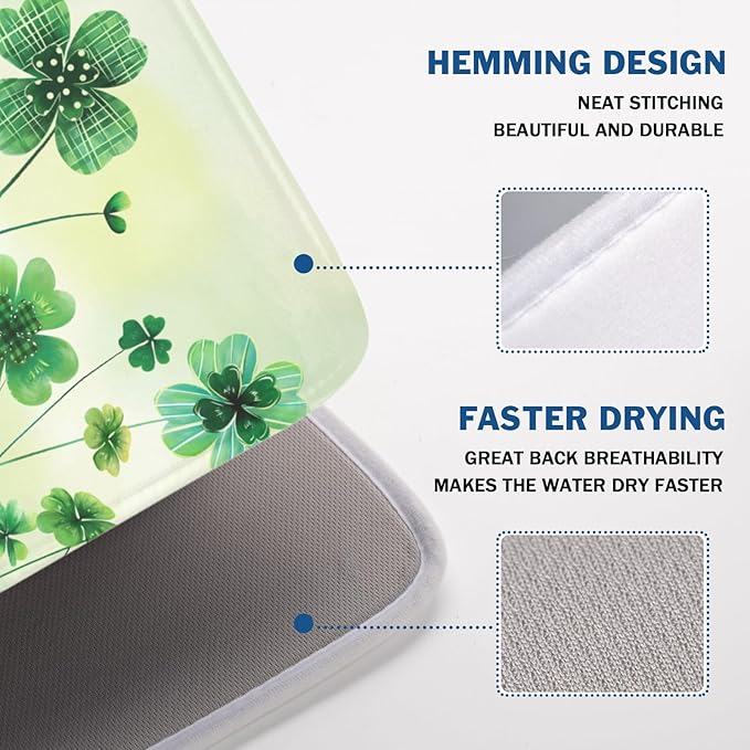 St Patrick's Day Dish Drying Mat for Kitchen Counter Green Lucky Shamrock Pattern Drying Mat 18x24 Inch Spring Holiday Absorbent Dish Drainer Mat Kitchen Accessories