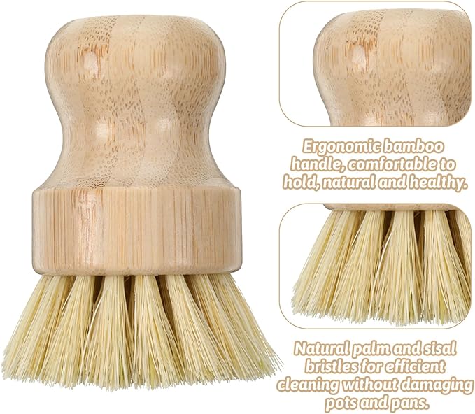 2Pcs Bamboo Cast Iron Brush Set, Wooden Dish Scrub Pan Scraper, Eco-Friendly Kitchen Scrub Brush for Household Cleaning, Cast Iron Skillets, Cookware, Dishes, Pans and Pots
