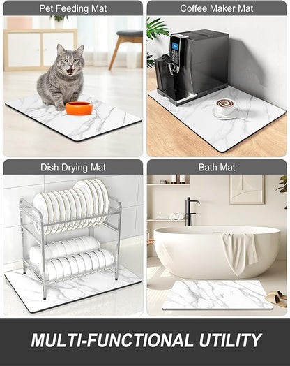 Rnivvi Dish Drying Mat for Kitchen Counter, XL 15 x 24" Cute Marble Super Absorbent Draining Pad, Non-Slip Heat Resistant Coffee Bar Mats for Coffee Machine Station Accessories, White Dish Rack Pad