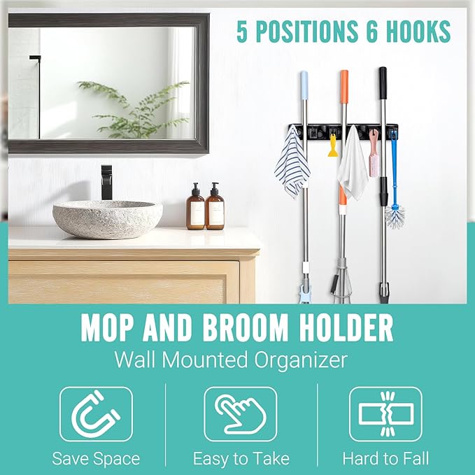 InPoTo Broom and Mop Holder, Wall Mounted Organizer Mop and Broom Storage Tool Rack with 5 Ball Slots and 6 Hooks (2Pack)