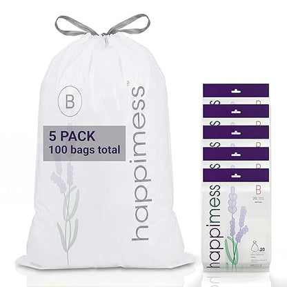 happimess 5.3 Gallon (20L) Drawstring Trash Bags, Lavender Scent, White, Heavy Duty MDPE Liners for Kitchen and Household, Odor Control, Custom Fit 100 Count (5 Packs of 20 Liners) HPM3101B-W-5SET