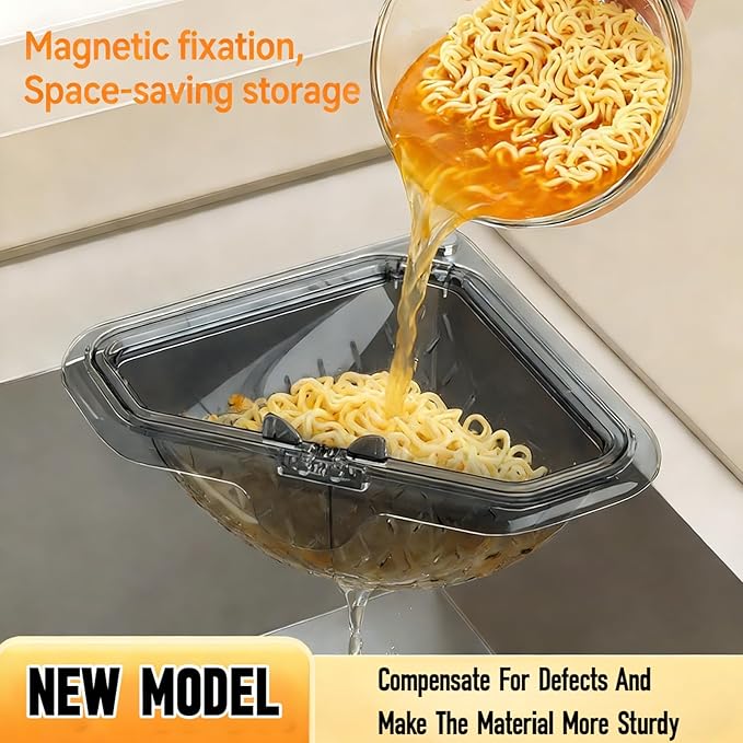 Magnetic Drainage & Filter Basket with Enhanced Durability, Triangular Sink Strainer with Twist-Open Bottom, Heavy-Duty Kitchen Sink Corner Rack for Draining & Storage, Punch-Free Installation